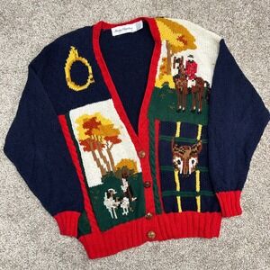 Vintage Marisa Christina Cardigan Sweater Fox Dogs Horse‎ Hunting Women Medium